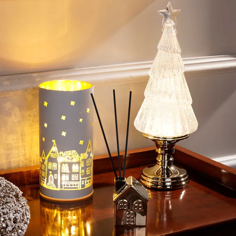 Қар шамы, 35 см, жарықтандырылған, акрил, шампан, Жылтырағы бар шырша, Golden style, image-5