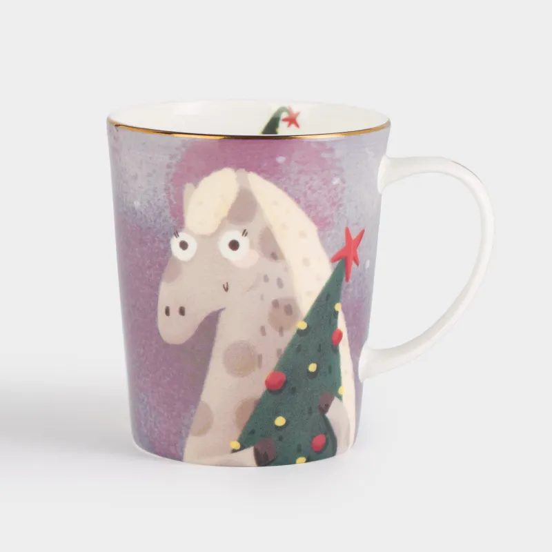 Кружка, 350 мл, фарфор F, с золотистым кантом, Лошади и кот, Horse cute