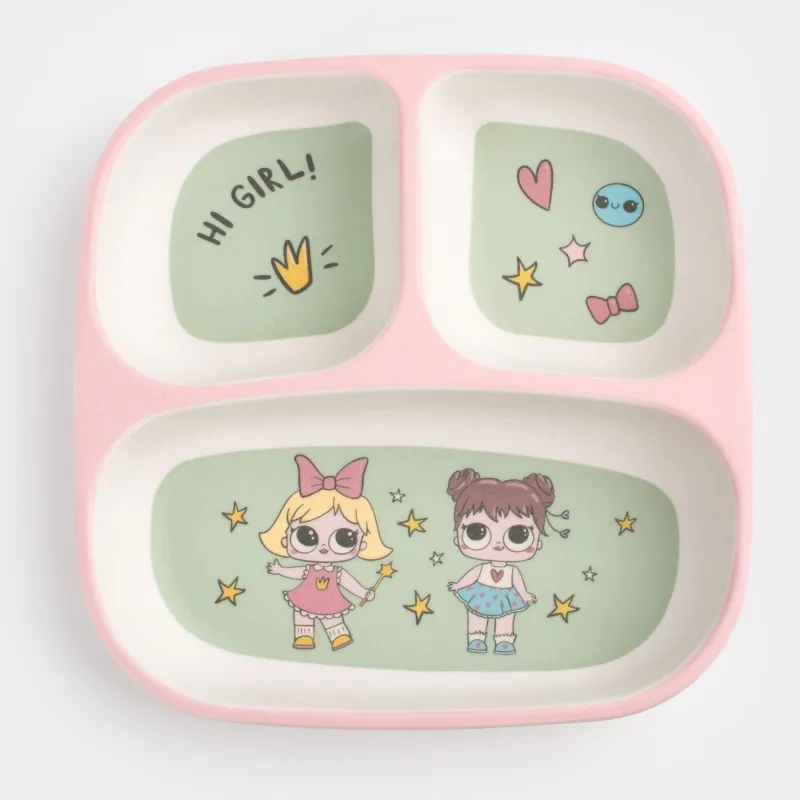 Тарелка обеденная, детская, 18 см, 3 отд, бамбук, розово-зеленая, Девочки в платьях, Sweet loli, image-0