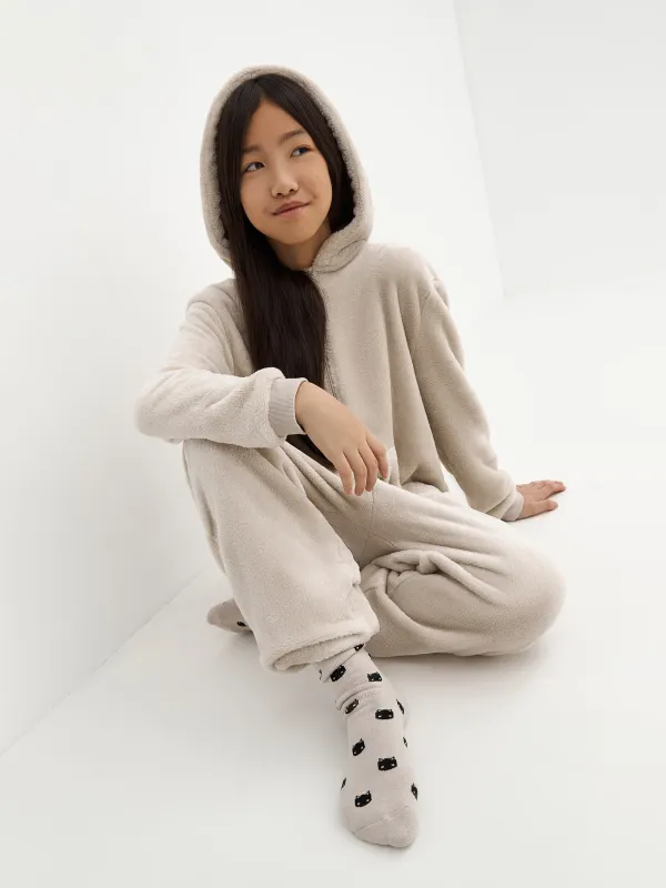 Комбинезон детский, домашний, с капюшоном, флис, бежевый, Кот, Annie, image-5