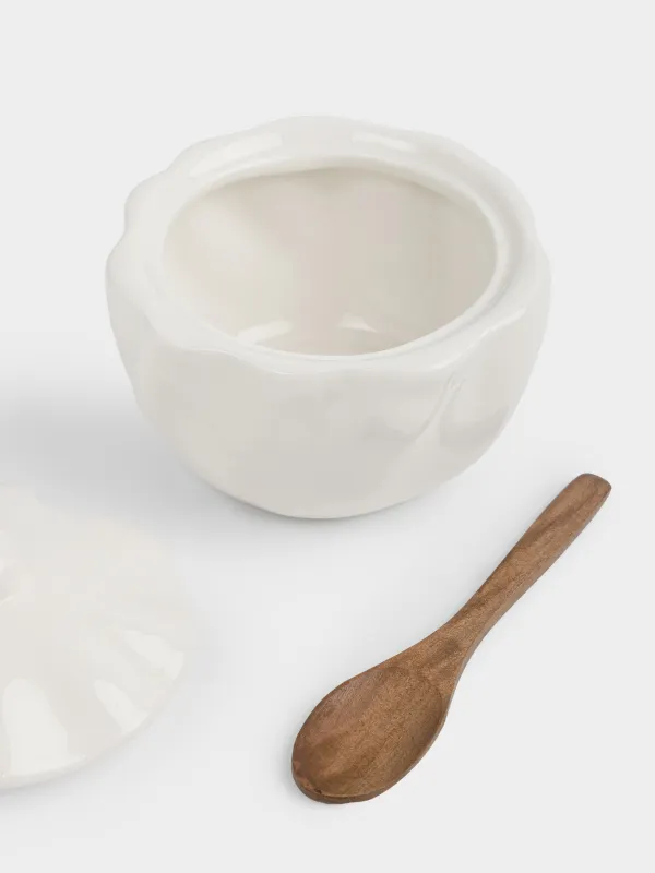 Қант ыдысы, 9 см, 290 мл, қасығы бар, керамика/бамбук, сүт түстес, Толқынды жиек, Crumple, image-2