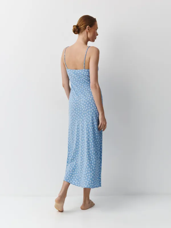 Әйелдер көйлегі, миди, өлшемі XS, белдіктері бар, вискоза, көгілдір, Гүлдер, Deborah, image-3