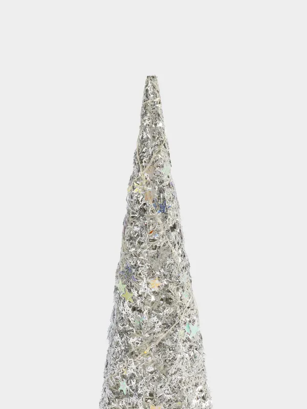 Шырша-конус, 40 см, жарықтандырылған, металл, күміс, Жұлдыздар, Frosty sparks, image-1