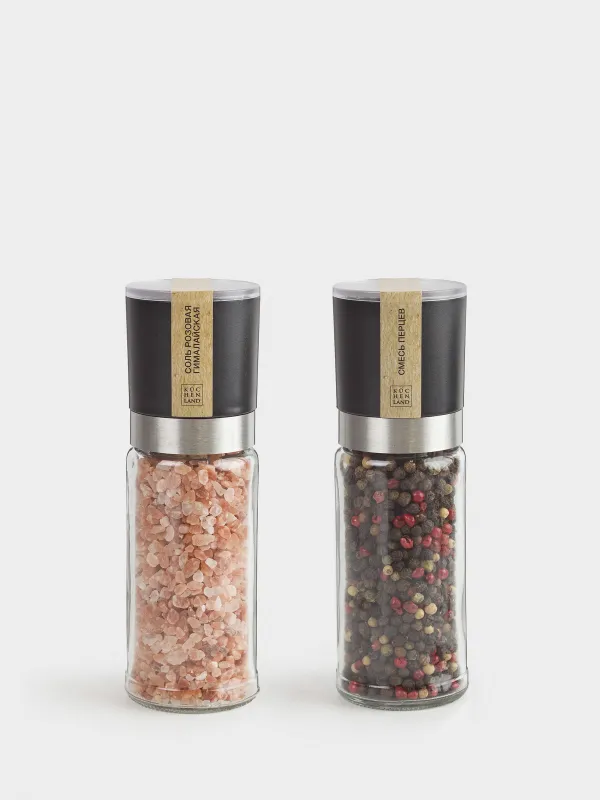 Мельница для специй, 16 см, 2 шт, механическая, стекло/пластик, Соль/Перец, Spices, image-0