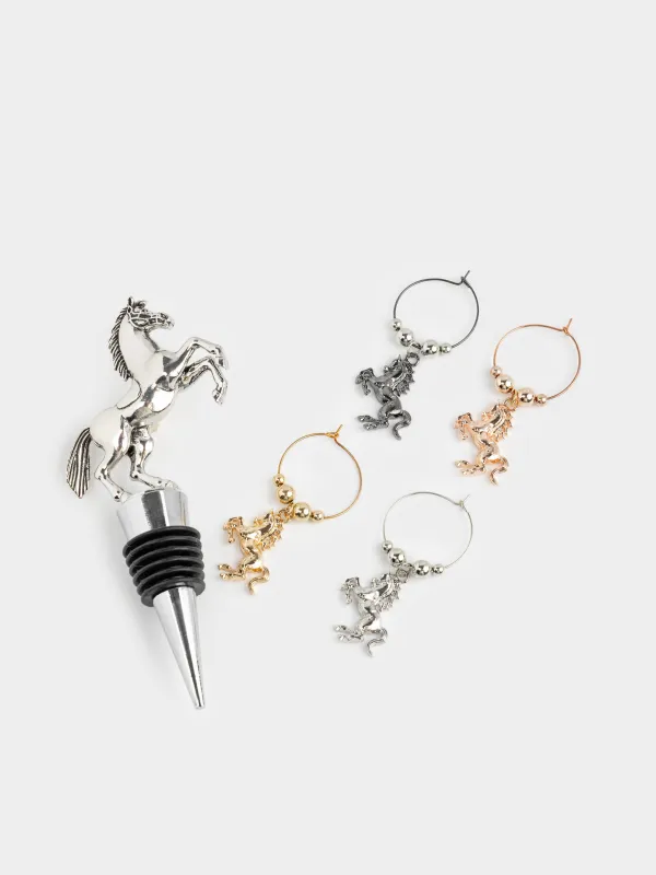 Шарап бөтелкесінің тығыны, салпыншақтары бар, 5 дана, металл/моншақтар, Жылқы, Horse silver, image-1