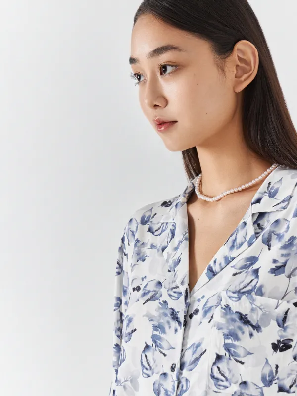 Әйелдерге арналған жейде, үйге арналған, Өлшемі M, ұзын жеңді, вискоза, ақ және көк, Жапырақтар, Lori, image-2