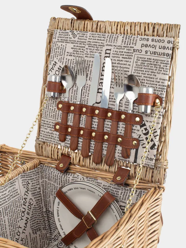 Пикник себеті, 40х30 см, 2 адам, 12 зат, бөтелке бөлімі бар, жүзім сабағы, қоңыр, Picnic, image-2