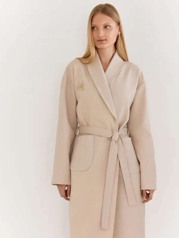 Әйелдер халаты, үйге арналған, өлшемі S, ұзын жеңді, вафельді, мақта, сүт түстес, Lucky, Stefani, image-1