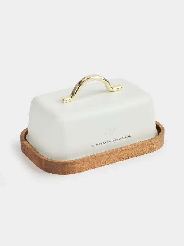 Масленка, 17 см, дерево/металл, прямоугольная, молочно-золотистая, Autograph, image-1