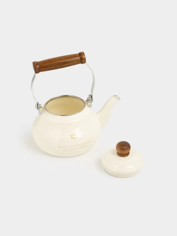 Шайнек, 1,2 л, ысқырығы бар, эмальданған металл/ағаш, сүт түстес, Жылқы, Emamel, image-5