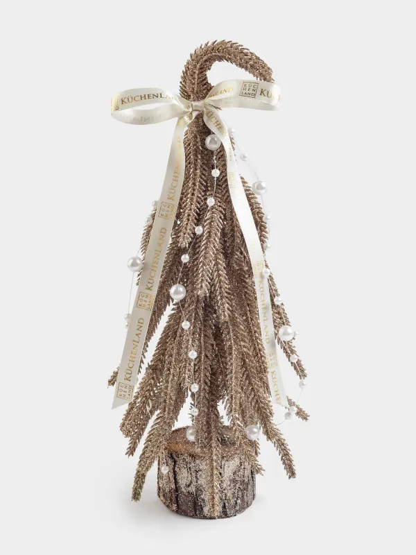 Жасанды шырша, 30 см, полиэтилен/ағаш, шампан, Жасыл бантигі бар шырша, Conifer curved, image-0