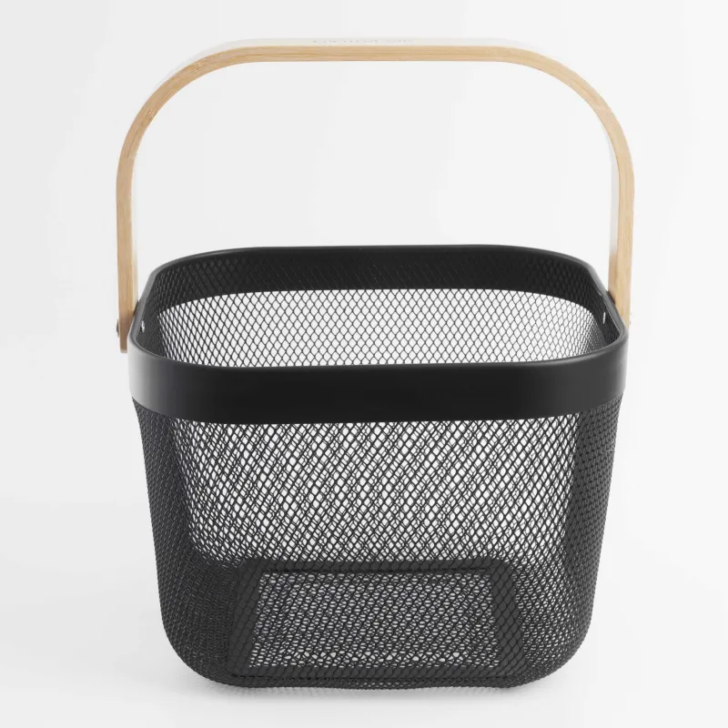 Сақтау себеті, 24х24х18 см, тұтқасы бар, металл / бамбук, шаршы, қара, Gardening, image-0