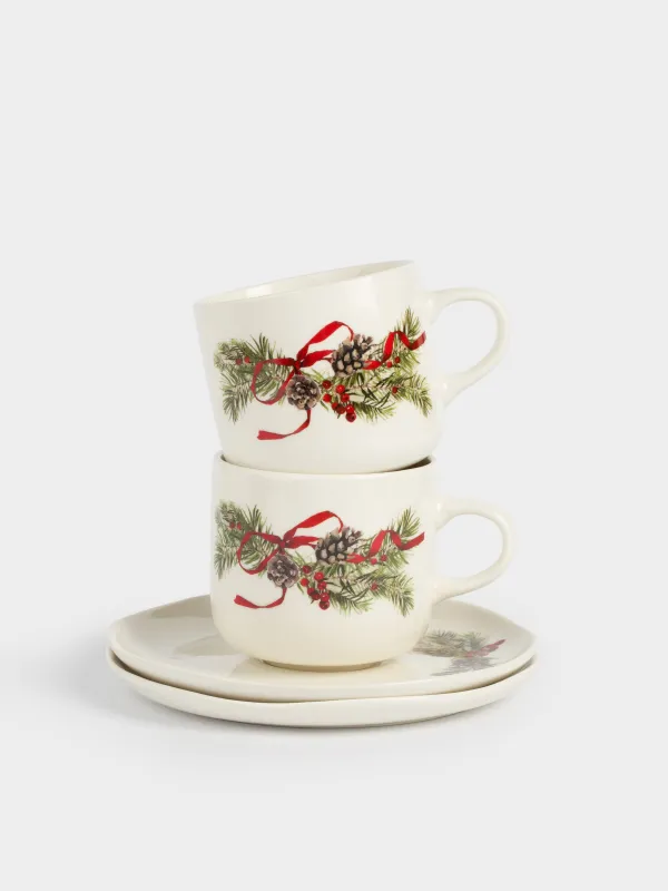 Шай жұбы, 2 адам, 4 зат, 250 мл, фарфор N, ақ, дақты, Шырша бүршіктері мен шетен, Rowan delice, image-0