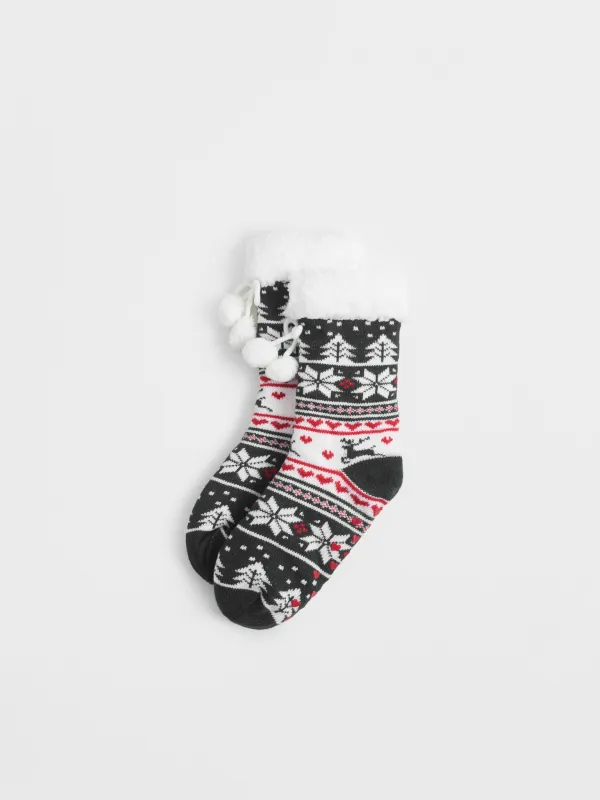 Әйелдер шұлықтары, үйге арналған, өлшемі 36-38, помпондары бар, акрил/шерпа, ақ және қызыл, Қысқы өрнек, Hot winter, image-1