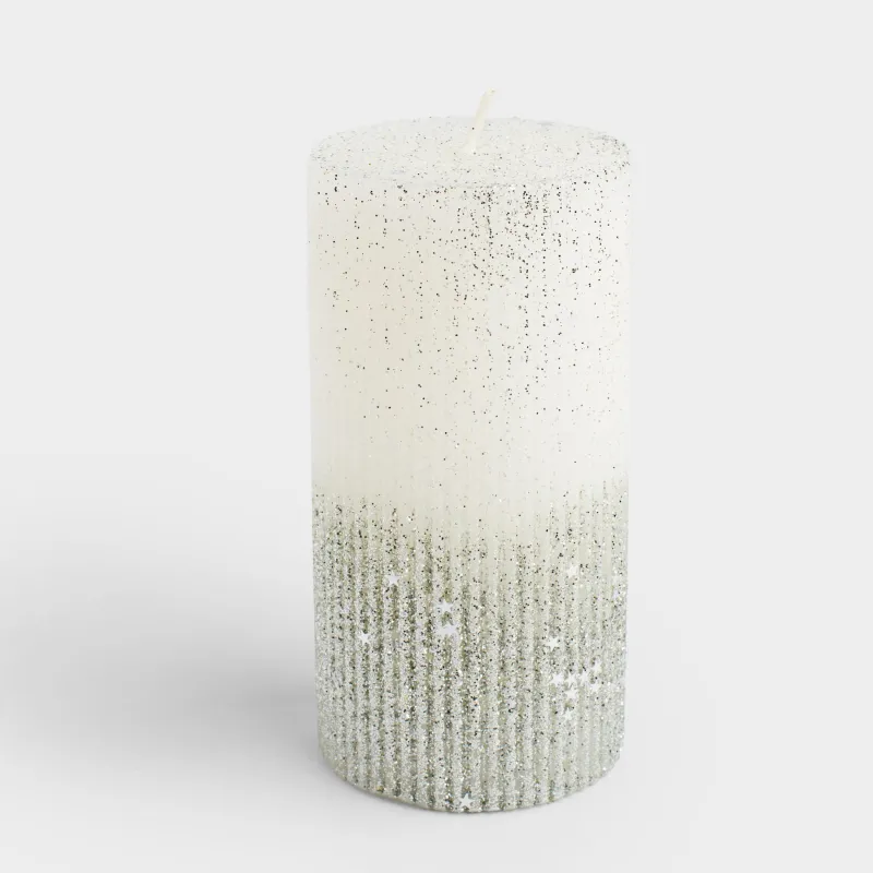 Свеча, 15 см, цилиндрическая, с блестками, бело-серебристая, Metallic glow, image-1