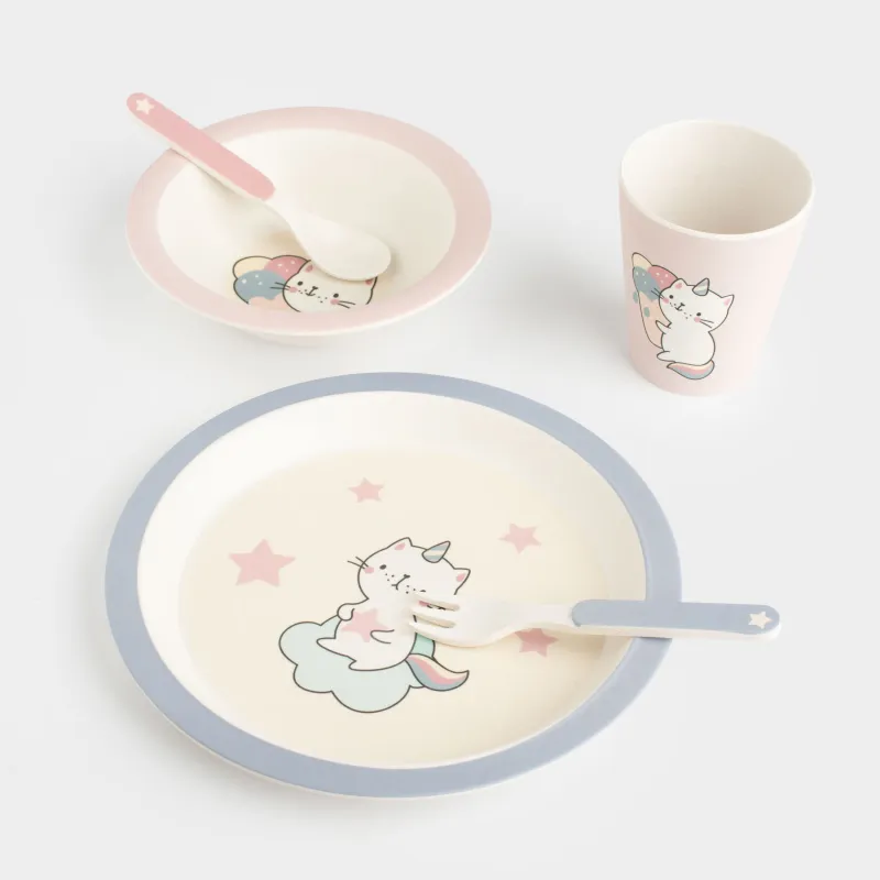 Ыдыс-аяқ жинағы, балаларға арналған, 5 зат, бамбук, қызғылт, Қанаттары бар бір мүйізді, Unicorn, image-0