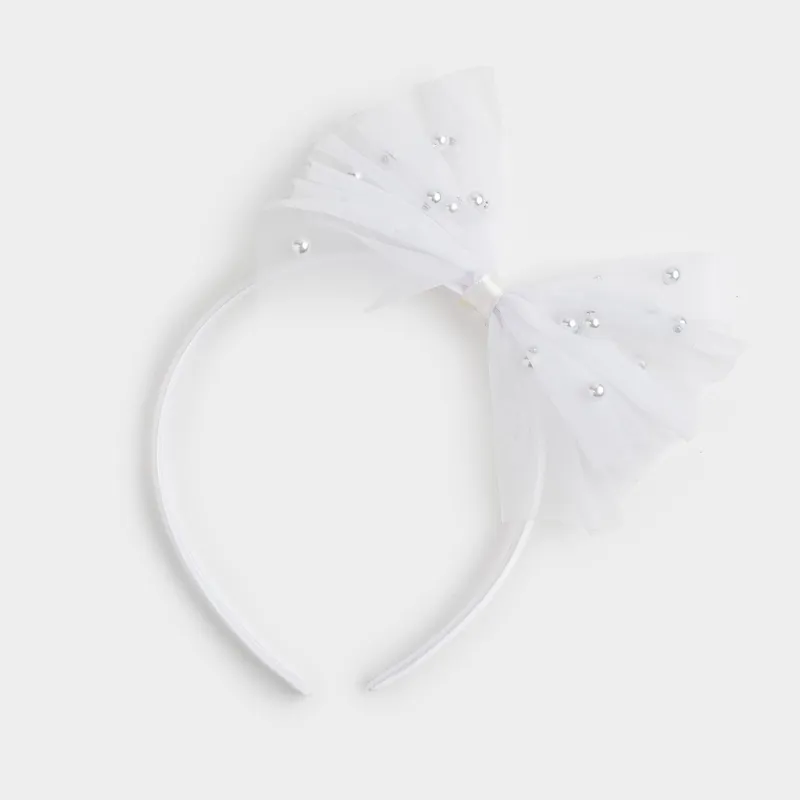 Тоғыншақ, 12х14 см, балаларға арналған, пластик/полиэстер, ақ, Моншақтары бар бант, Hairstyle