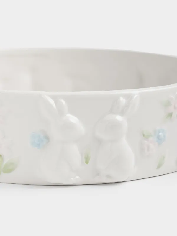 Ыдыс, 23х6 см, бүйірлері, керамика, сүт түстес, Гүлдер арасындағы қояндар, Rabbit bloom, image-2