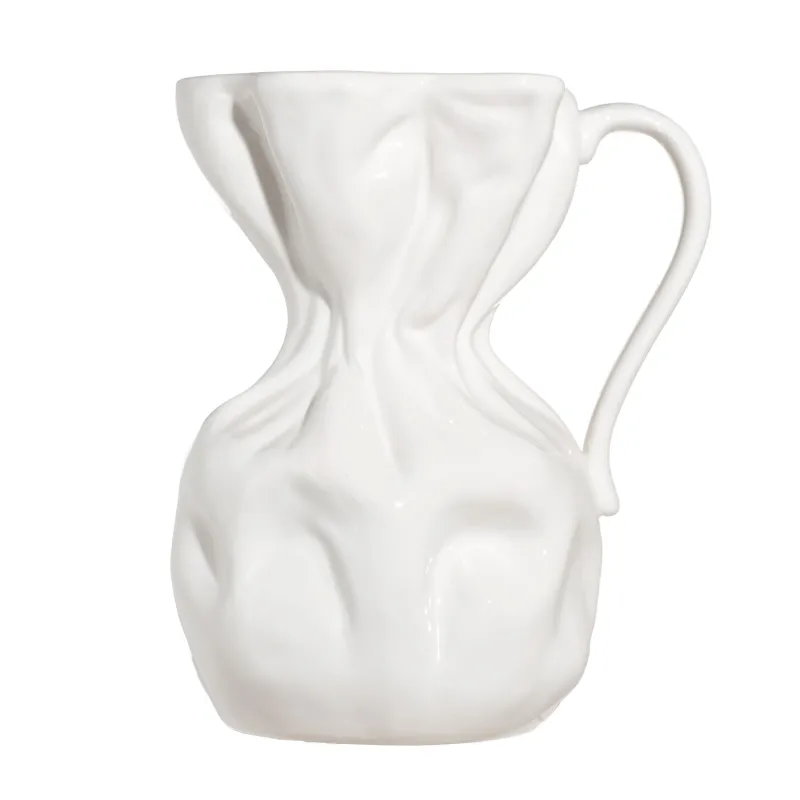 Гүл вазасы, 25 см, тұтқасы бар, керамика, АҚ, мыжылған әсер, Crumple, image-0