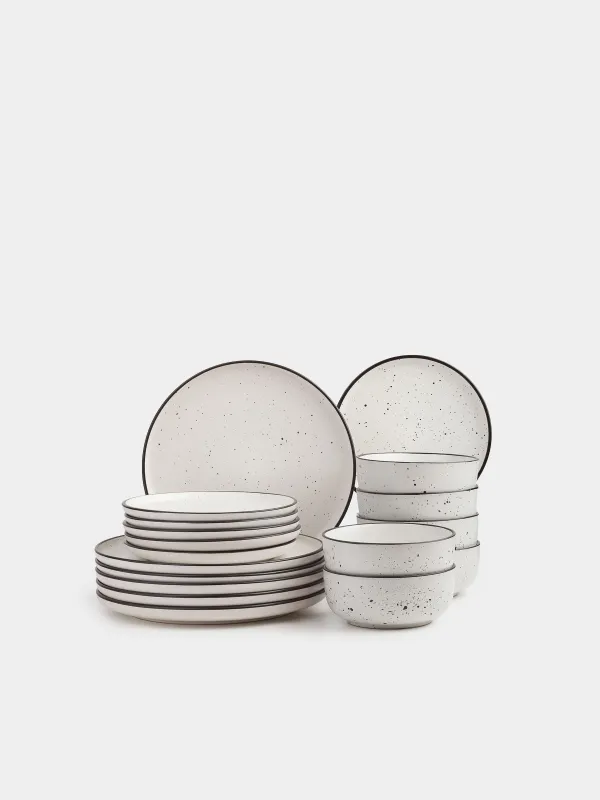 Ас сервизі, 6 адам, 18 зат, керамика, ақ, қара жиегі бар, дақты, Speckled black, image-0
