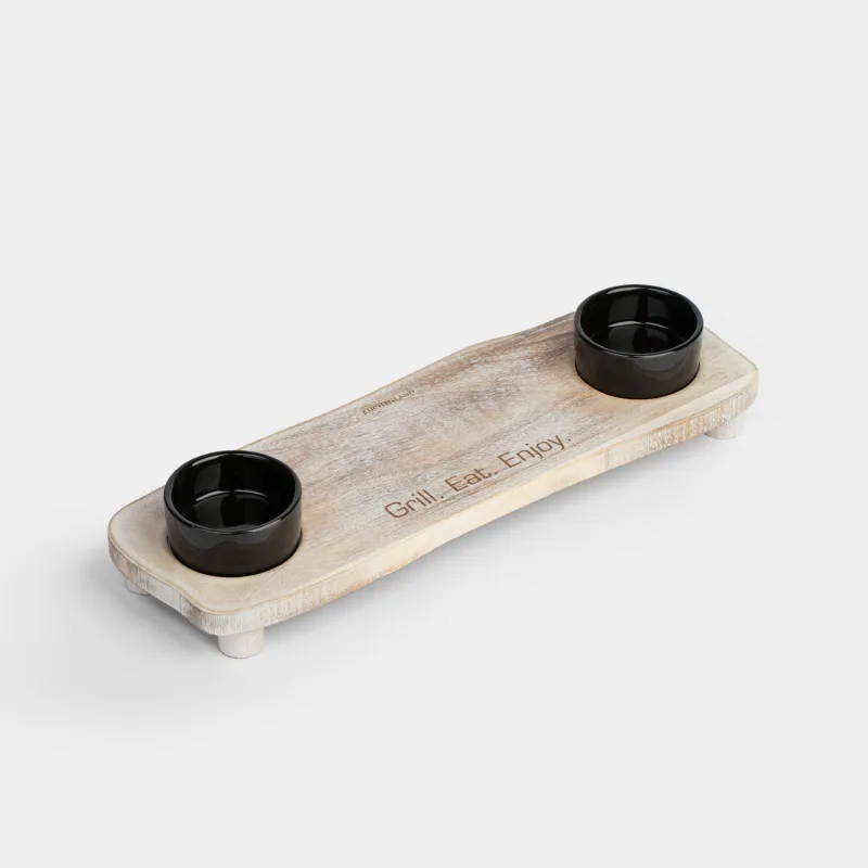 Блюдо для подачи стейка, 38x13х7 см, на ножках, с пиалами для соусов, дерево/керамика, Noble tree