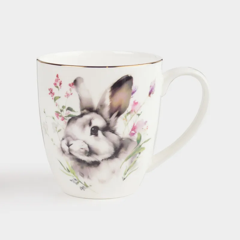 Кружка, 370 мл, фарфор F, белая, с золотистым кантом, Кролик в цветах, Easter, image-0