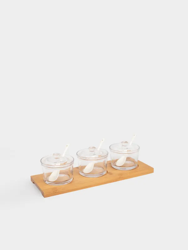 Джем / қант вазасы, 180 мл, 3 дана, қасықпен, стендте, шыны / бамбук / керамика, бамбук, image-0