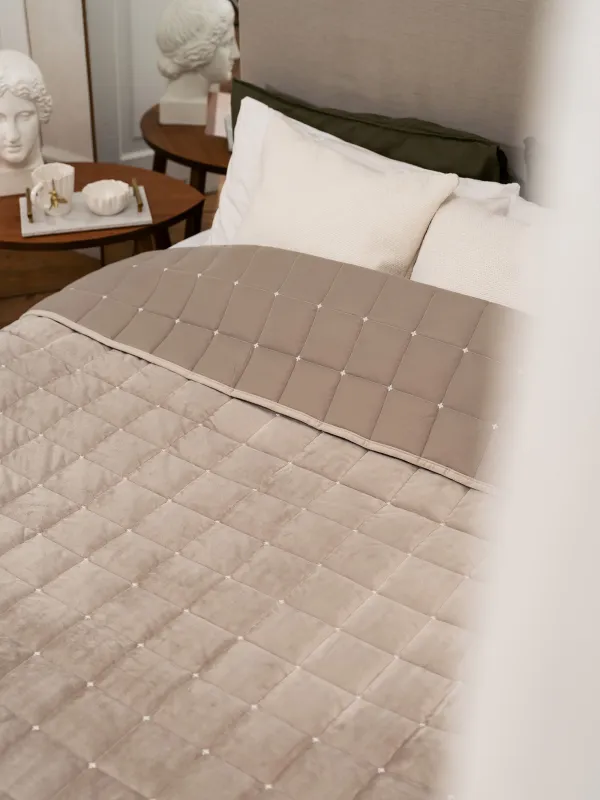 Покрывало, 220х240 см, стеганое, вельвет/микрофибра, серо-коричневое, Квадраты, Stitch velvet, image-4