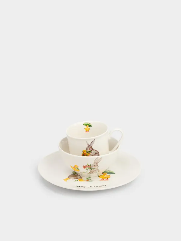 Набор посуды, детский, 1 перс, 3 пр, фарфор N, белый, Кролик и утенок, Easter Kids, image-1