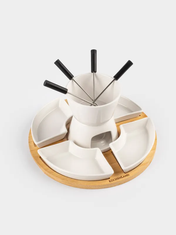 Фондюге арналған жиынтық, 4 адам, тұғырда, керамика/бамбук, Bamboo, image-3