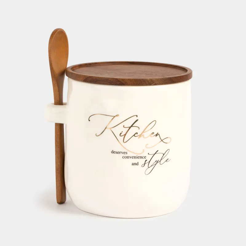 Сақтау ыдысы, 12х12 см, мл, қасығы бар, керамика/ағаш, Мыжылған әсер, Crumple kitchen