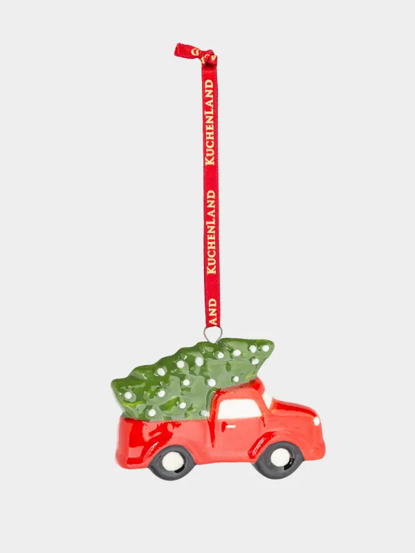 Игрушка елочная, 7 см, фарфор P, красно-зеленая, Машина с елкой, Red car, image-1