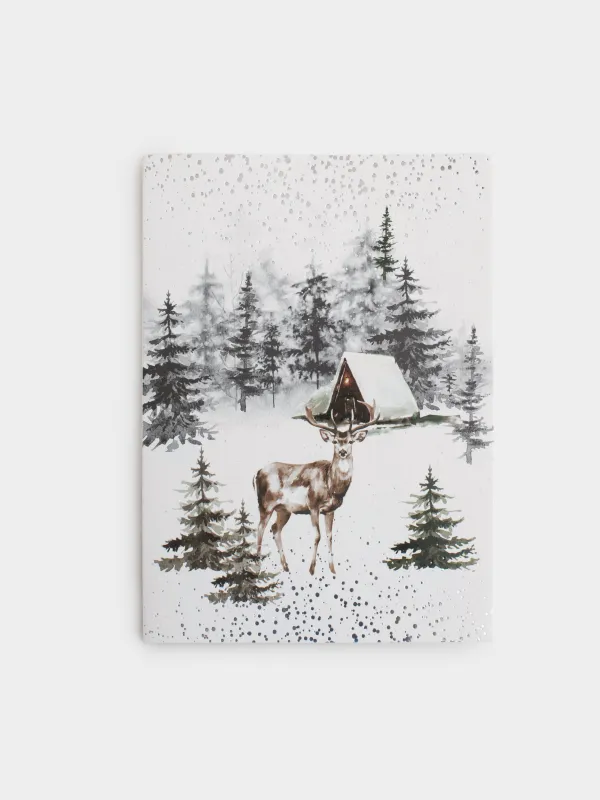 Открытка подарочная 3D, 13х18 см, бумага, белая, Олень в лесу, Snowy house, image-0