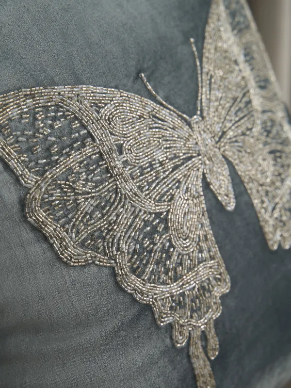 Сәндік жастық, 50х50 см, барқыт/моншақ, сұр, көбелек, Bugs, image-4