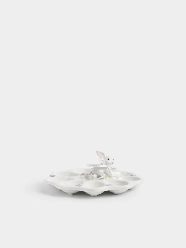 Пасха ыдысы, 22х9 см, 9 бөлім, керамика, сүт түстес және сұр, Гүлдер арасындағы қоян, Easter, image-0