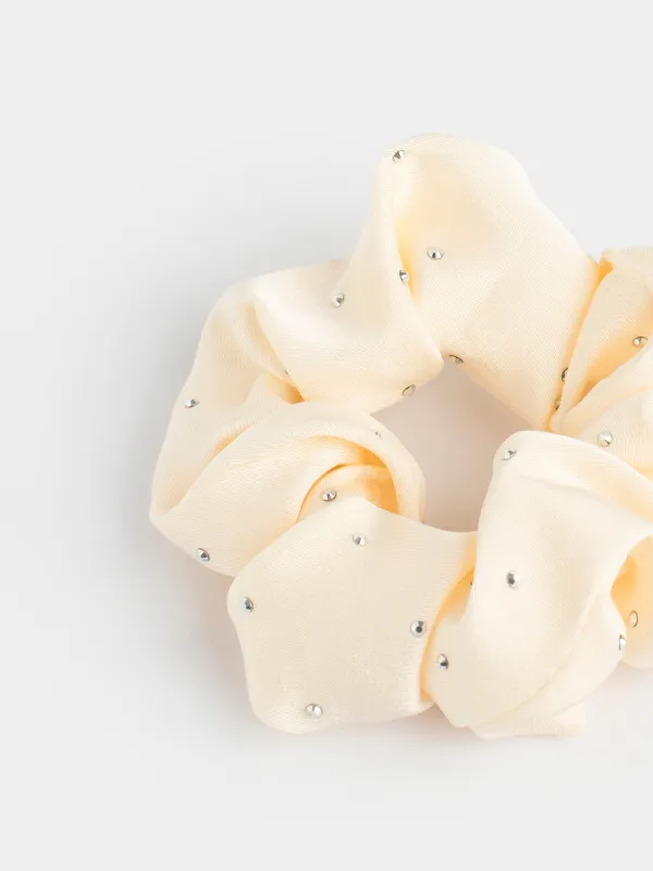 Резинка для волос, 8 см, со стразами, полиэстер, молочная, Silk, image-1