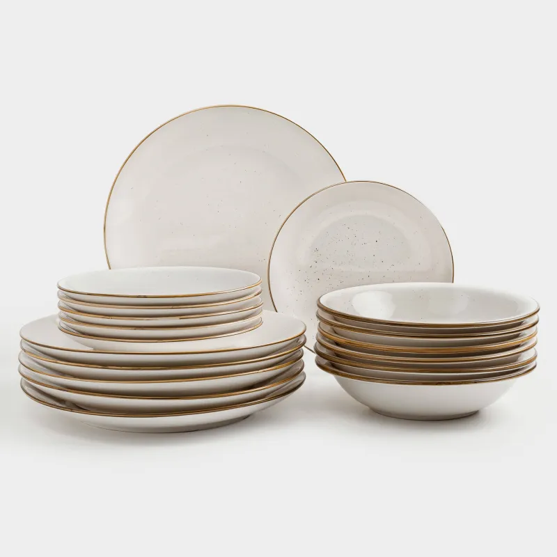 Ас сервизі, 6 адам, 18 зат, керамика, сүт түстес, дақтары бар, Roxas, image-0