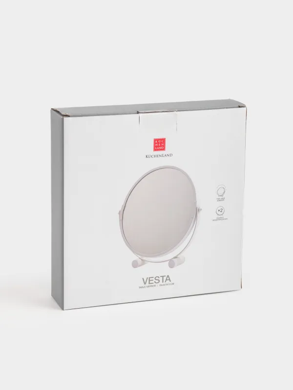 Зеркало настольное, 19х18/15 см, двустороннее, металл, круглое, белое, Vesta, image-3