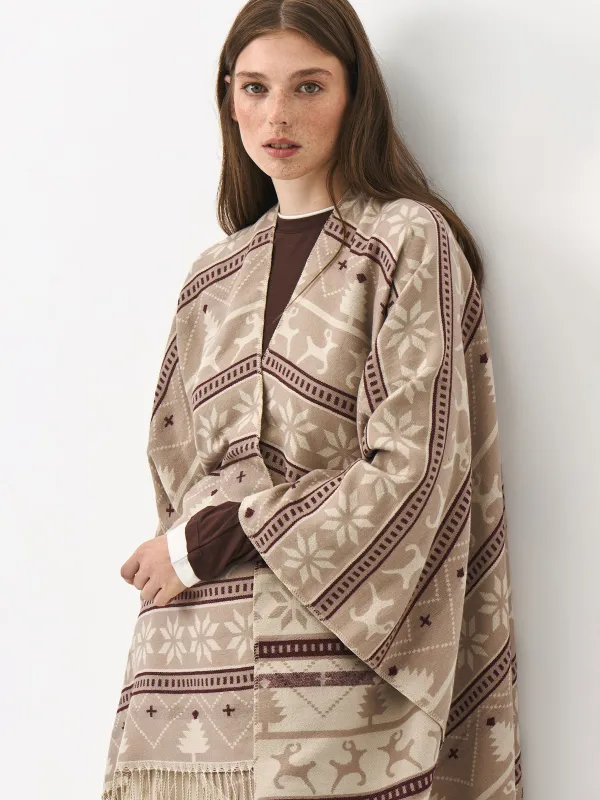 Пончо с бахромой, бежевое, Poncho, image-0