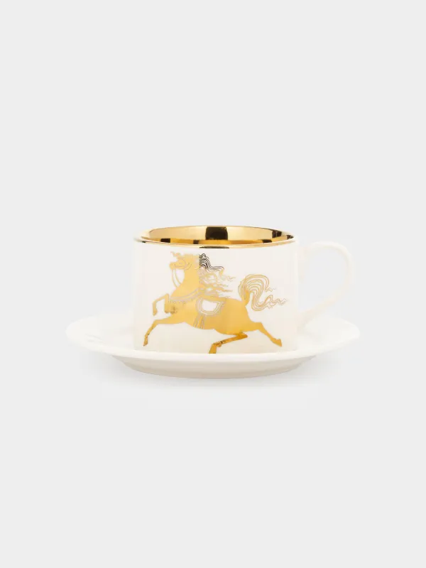 Шай жұбы, 1 адам, 2 зат, 220 мл, фарфор N, ақ-алтын, Жылқы, Horse gold, image-0