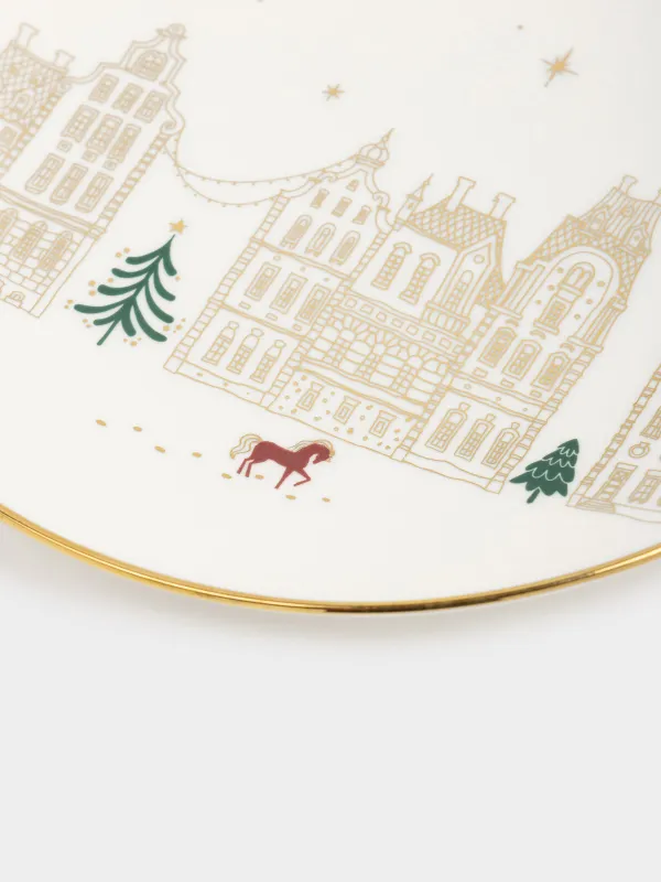 Тіскебасар тәрелкесі, 20 см, фарфор N, сүт және алтын түстес, Үйлер мен жылқы, Snow sparks, image-4