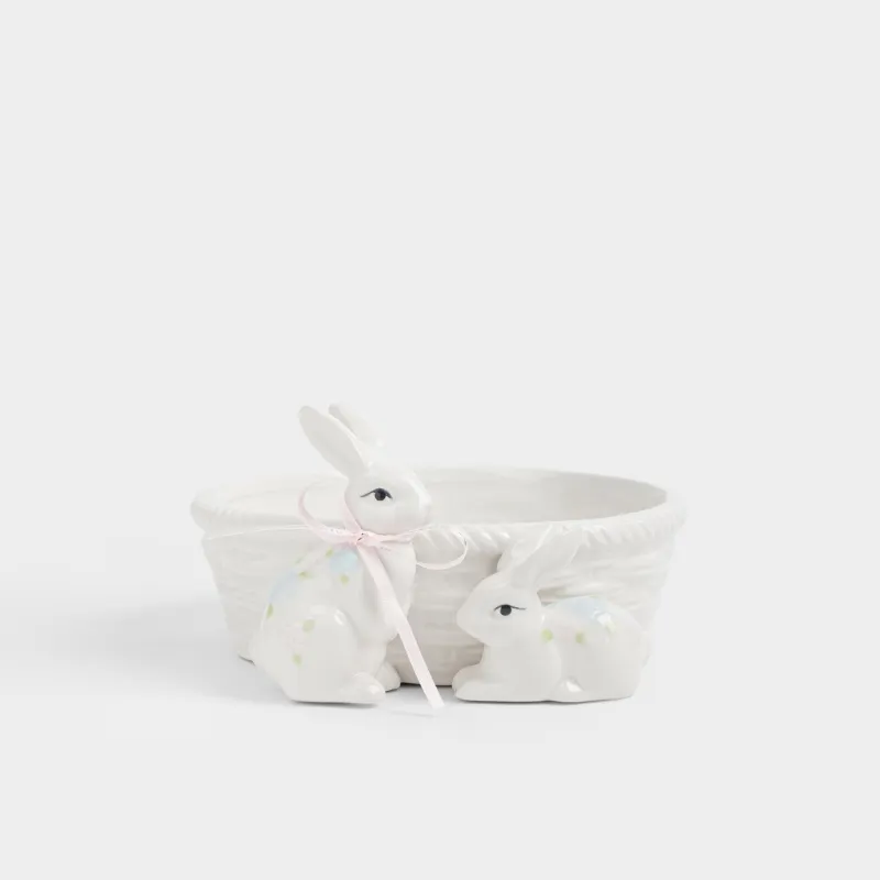 Кәмпит ыдысы, 19х10 см, 730 мл, керамика, сүт түстес, Себеті бар қояндар, Rabbit bloom