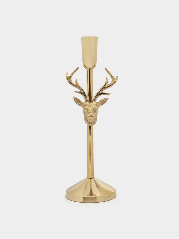 Подсвечник, 30 см, для тонкой свечи, на ножке, металл, золотистый, Олень, Arctic deer, image-0