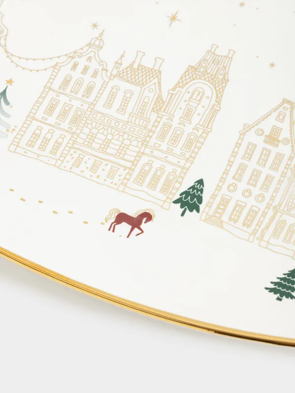 Блюдо, 32x21 см, фарфор N, овальное, молочно-золотистое, Домики и лошадь, Snow sparks, image-4