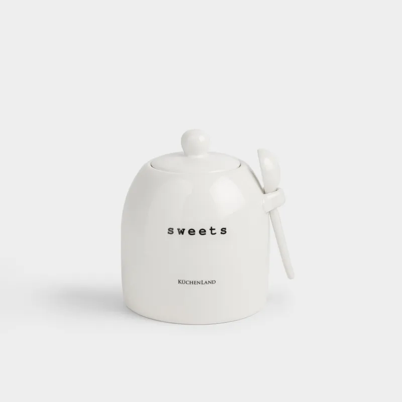 Емкость для хранения, 12х14 см, 800 мл, с ложкой, керамика D, молочная, Sweets, Milk kitchen, image-0