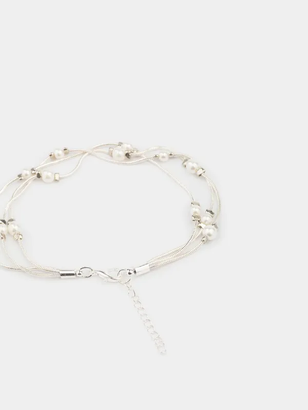 Білезік, 18 см, үштік, металл / пластик, күміс, моншақтар, Pearl, image-3