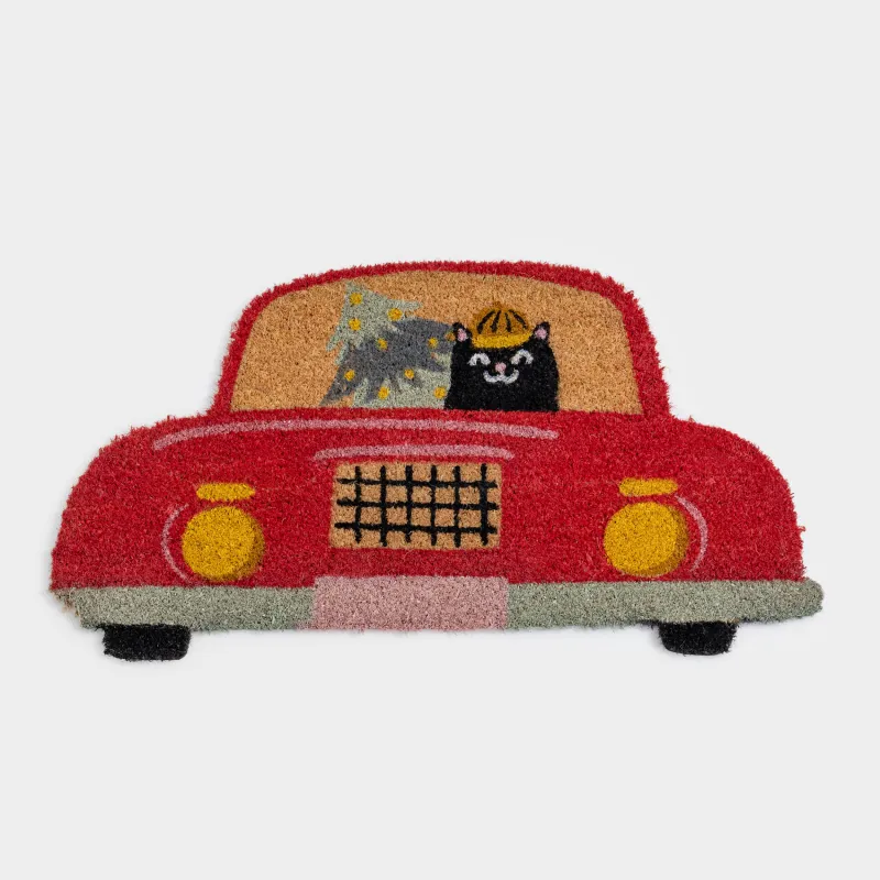 Есік алды кілемшесі, 40х80 см, кокос/ПВХ, фигуралы, қызыл, Шыршасы бар көлік, Red car