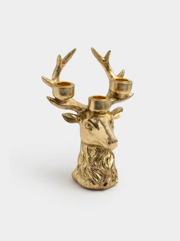 Шырағдан, 21 см, 3 жіңішке шам, полирезин, алтын, Бұғының басы, Deer gold, image-2