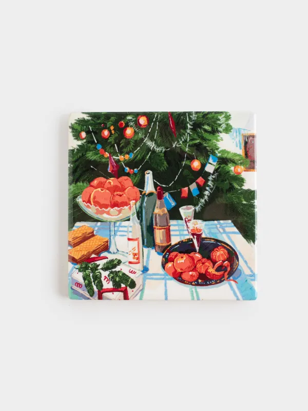 Подставка под кружку, 11х11 см, квадратная, керамика/пробка, Застолье, Feast christmas, image-0