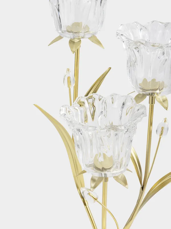 Шам ұстағыш, 47 см, 3 шай шамы, шыны / металл, алтын, Гүлдер, фантастикалық гүлдер, image-1